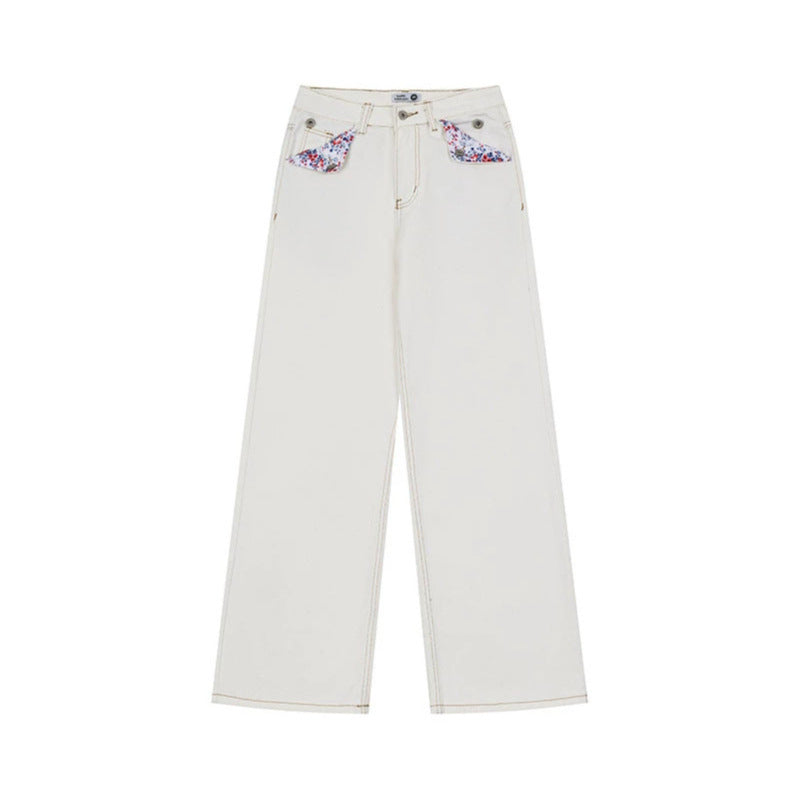 Damen Weite High‑Waist-Jeans im Palazzo-Schnitt mit Ziernaht und Blumen-Taschenfutter Drune