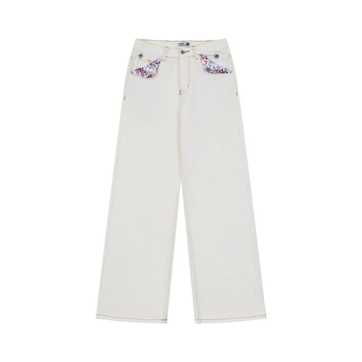 Damen Weite High‑Waist-Jeans im Palazzo-Schnitt mit Ziernaht und Blumen-Taschenfutter Drune