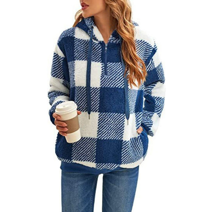 Damen Plüsch Hoodie mit hohen Kragen und Karo-Muster Drune