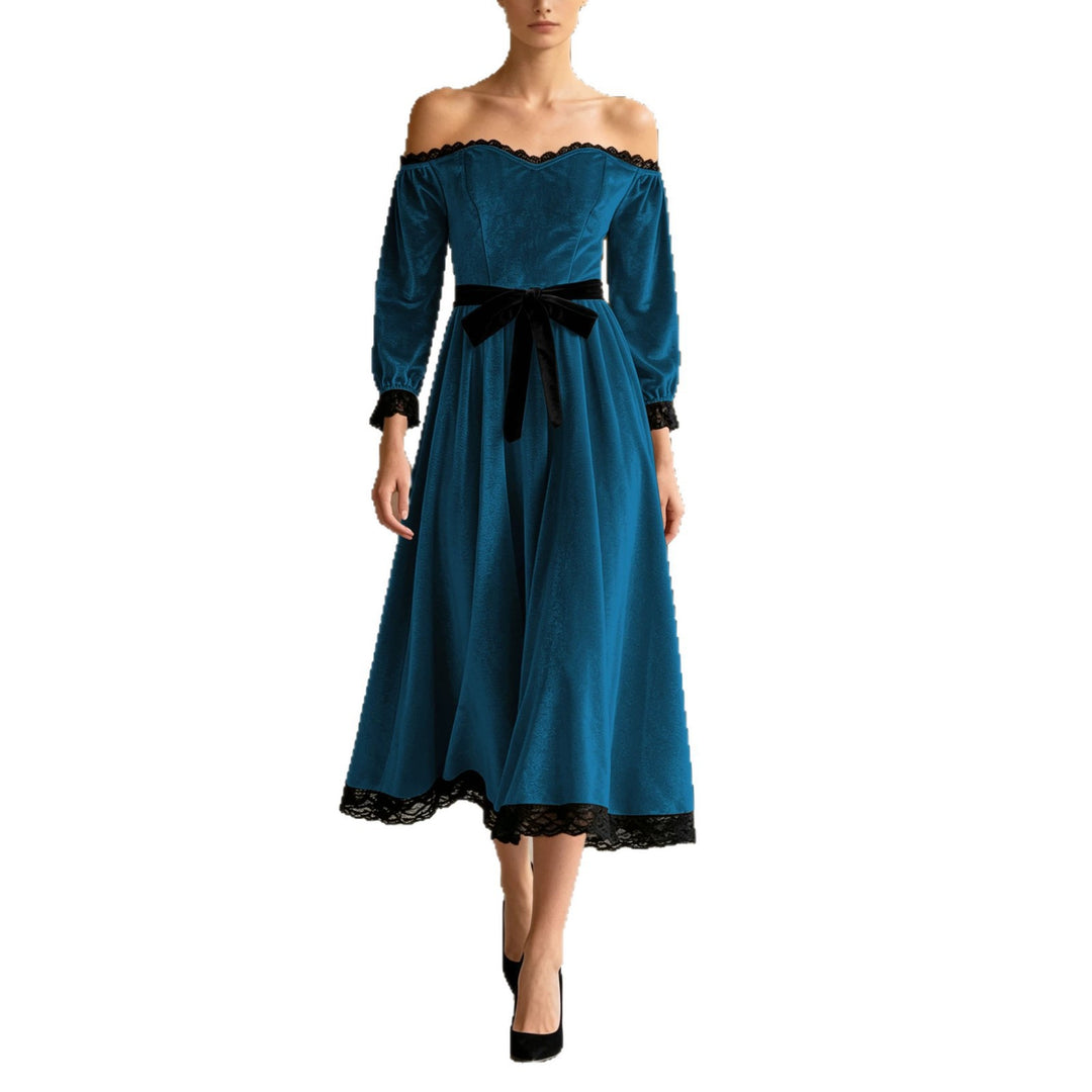Damen Schulterfreies Samtkleid mit Spitzenbesatz, Samt-Taillengürtel und ausgestelltem Midirock Drune