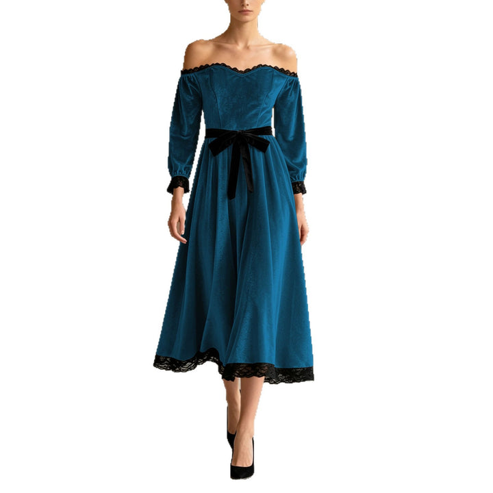 Damen Schulterfreies Samtkleid mit Spitzenbesatz, Samt-Taillengürtel und ausgestelltem Midirock Drune