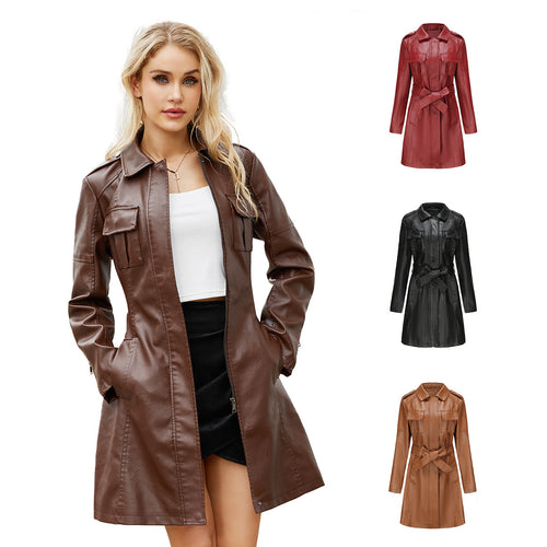 Damen nan langer Kunstleder-Trenchcoat mit Taillengürtel und Schulterriegeln Drune