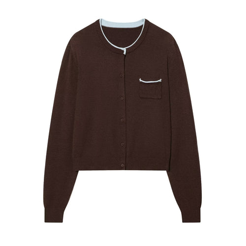 Damen Kurze Feinstrick-Cardigan mit Rundhals, Brusttasche und Rippbündchen Drune