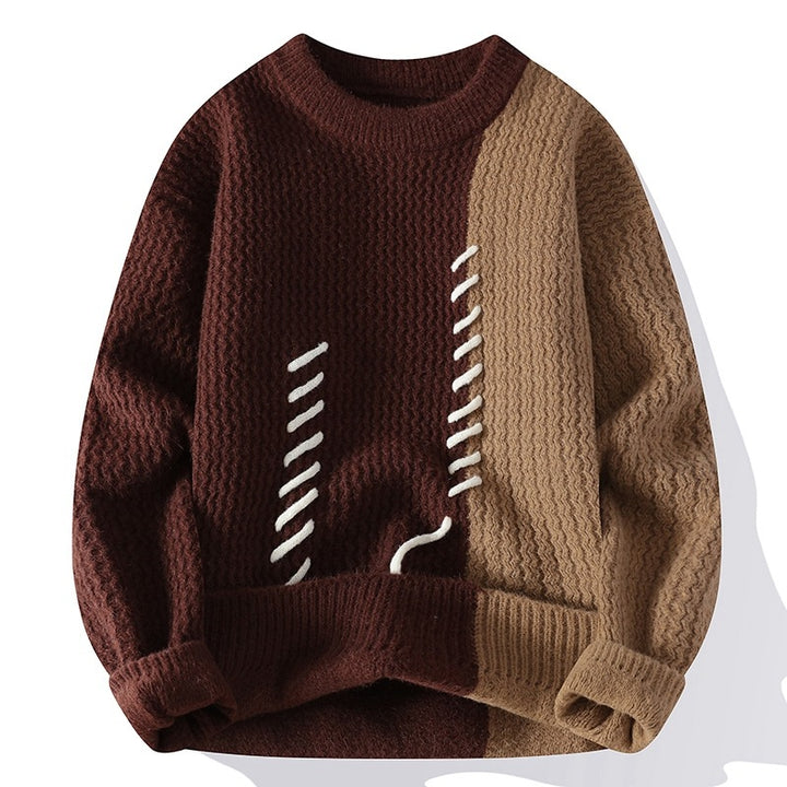 Unisex nan strukturierter Strickpullover mit asymmetrischem Zweifarbdesign und dekorativer Ziernaht Drune