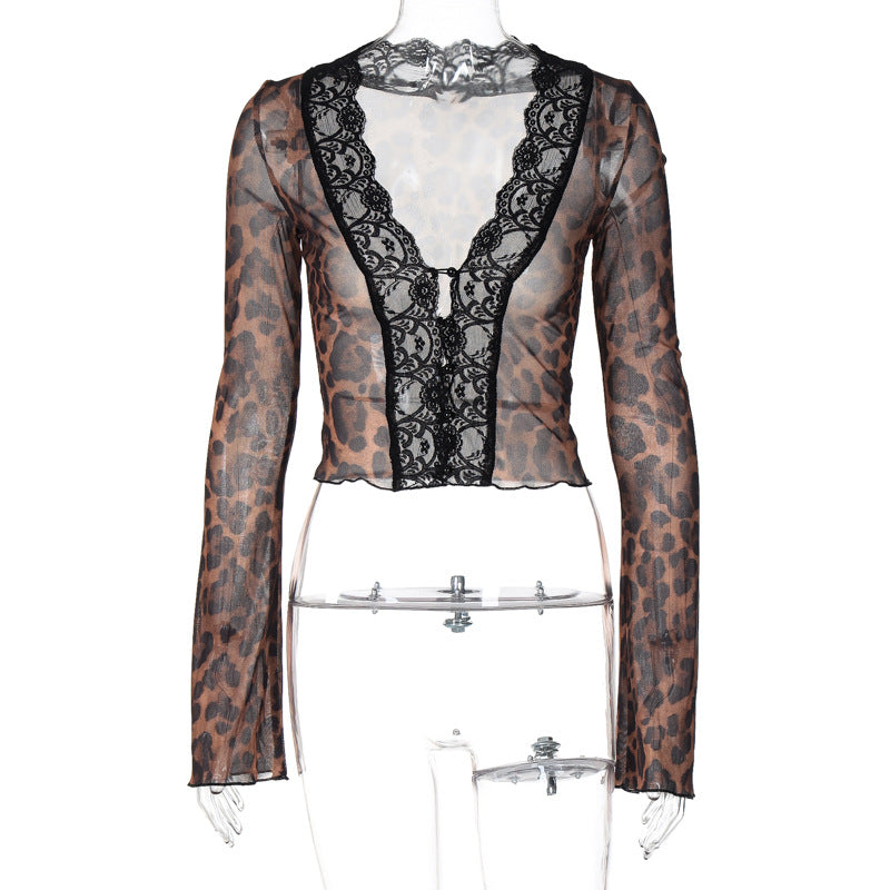Damen Transparente Spitzenbluse mit Leopardenmuster Drune