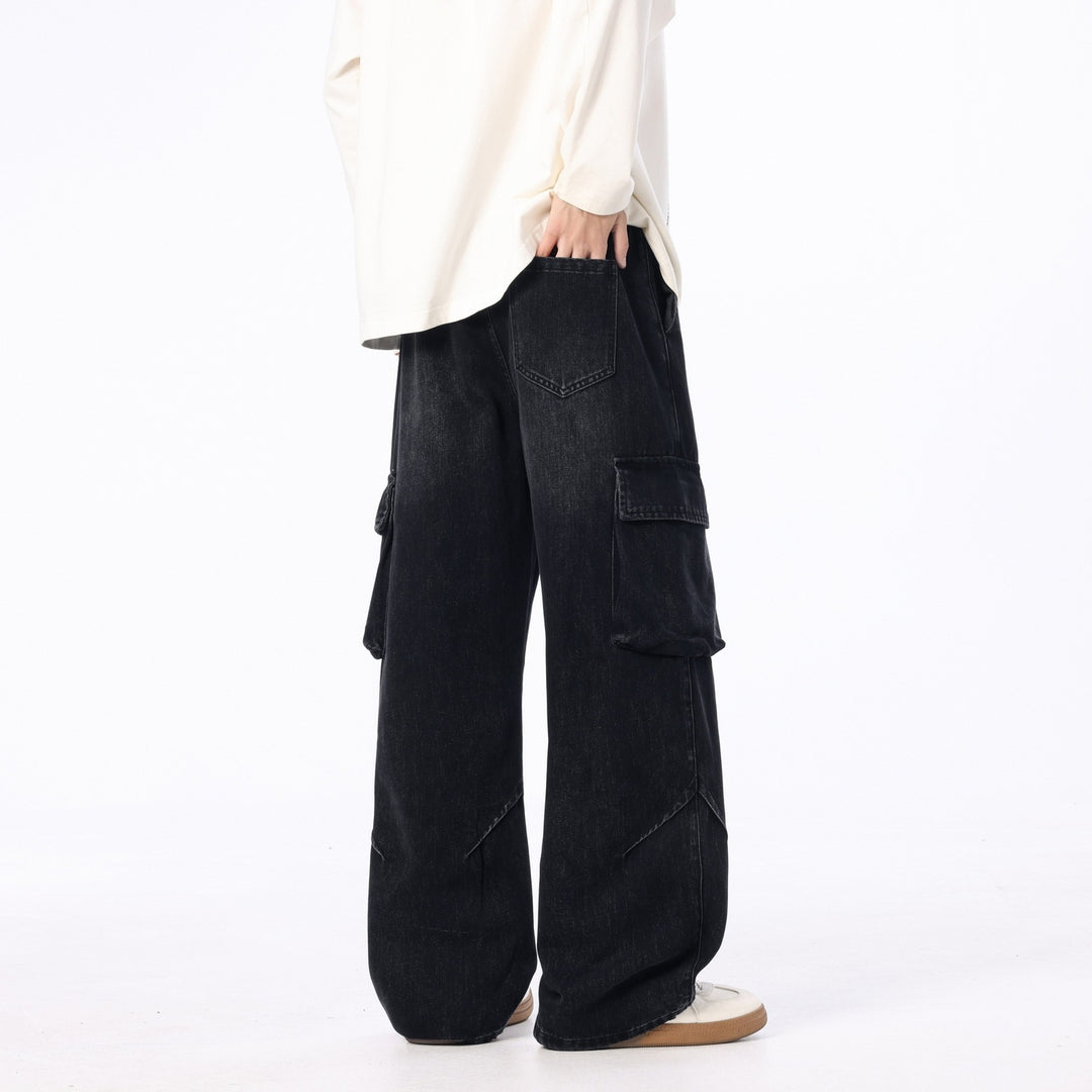 Herren Weite Cargo-Denimhose mit Tunnelzug, Used‑Waschung und Oversize‑Passform Drune