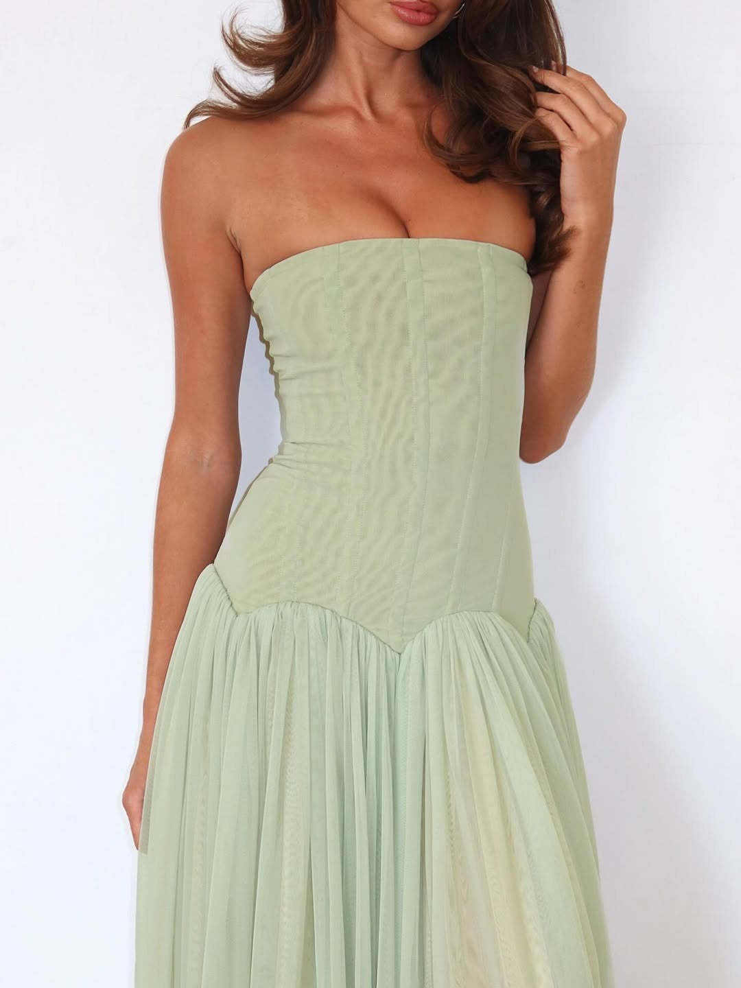 Damen Strapless Maxikleid mit elegantem Tüllrock und figurbetontem Oberteil Drune