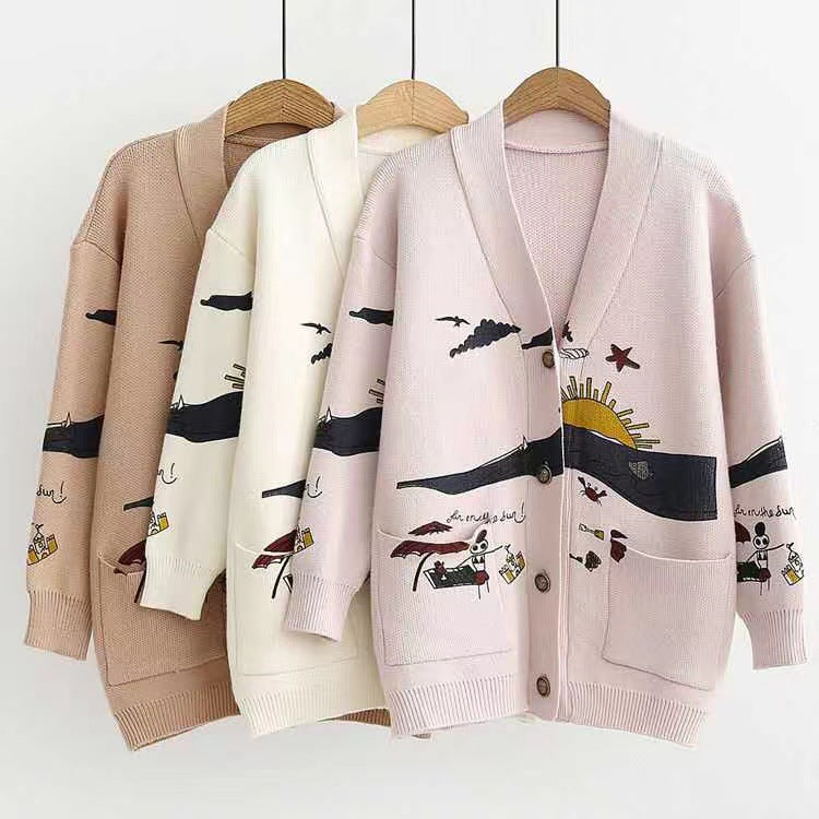 Damen verspielte Strickjacke mit bunten Applikationen und großen Taschen Drune