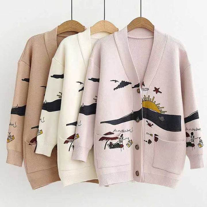 Damen verspielte Strickjacke mit bunten Applikationen und großen Taschen Drune