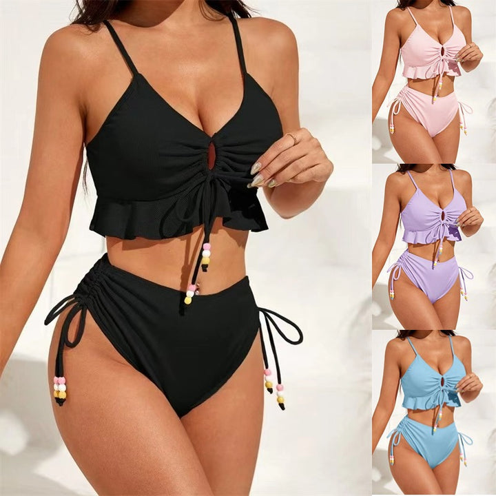 Damen Hochgeschnittenes Rüschen-Bikini-Set mit verstellbaren Bändern Drune