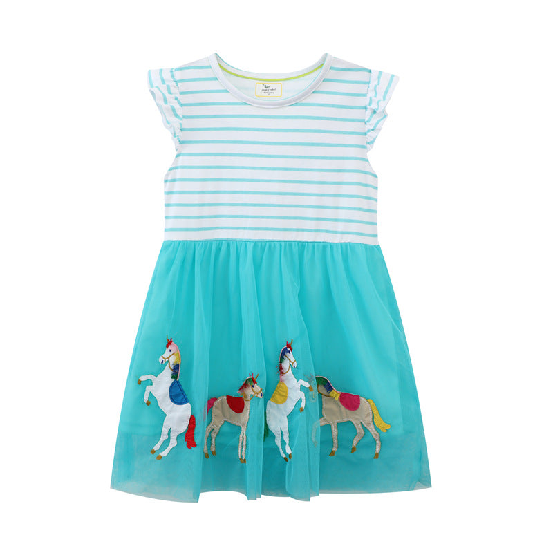 Mädchen Tüllkleid mit buntem Einhorn-Motiv und gestreiftem Oberteil Drune