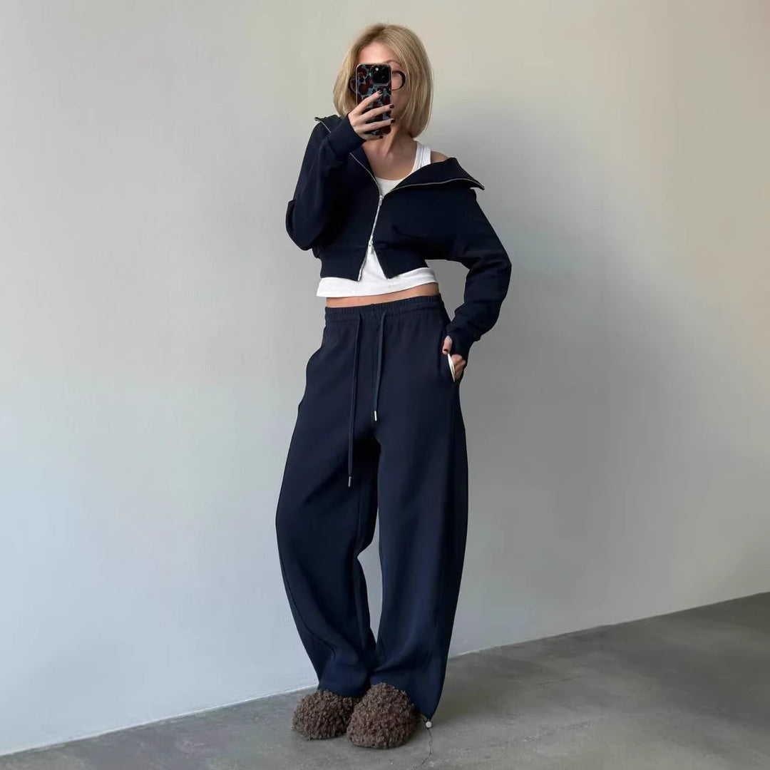 Damen sportliches Loungewear-Set mit hohem Kragen und elastischem Bund Drune