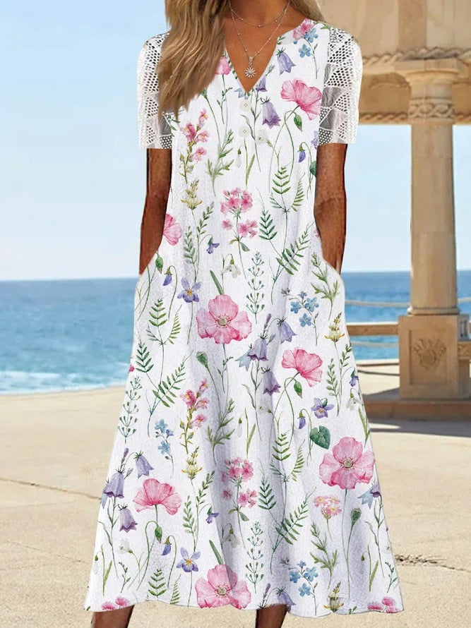 Damen Maxi-Kleid mit floralem Design und praktischem Knopfverschluss Drune