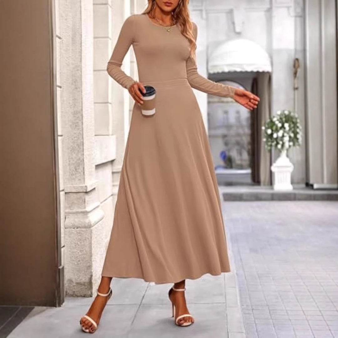 Damen Langärmeliges Maxikleid mit tailliertem Oberteil und fließendem A-Linien-Rock Drune