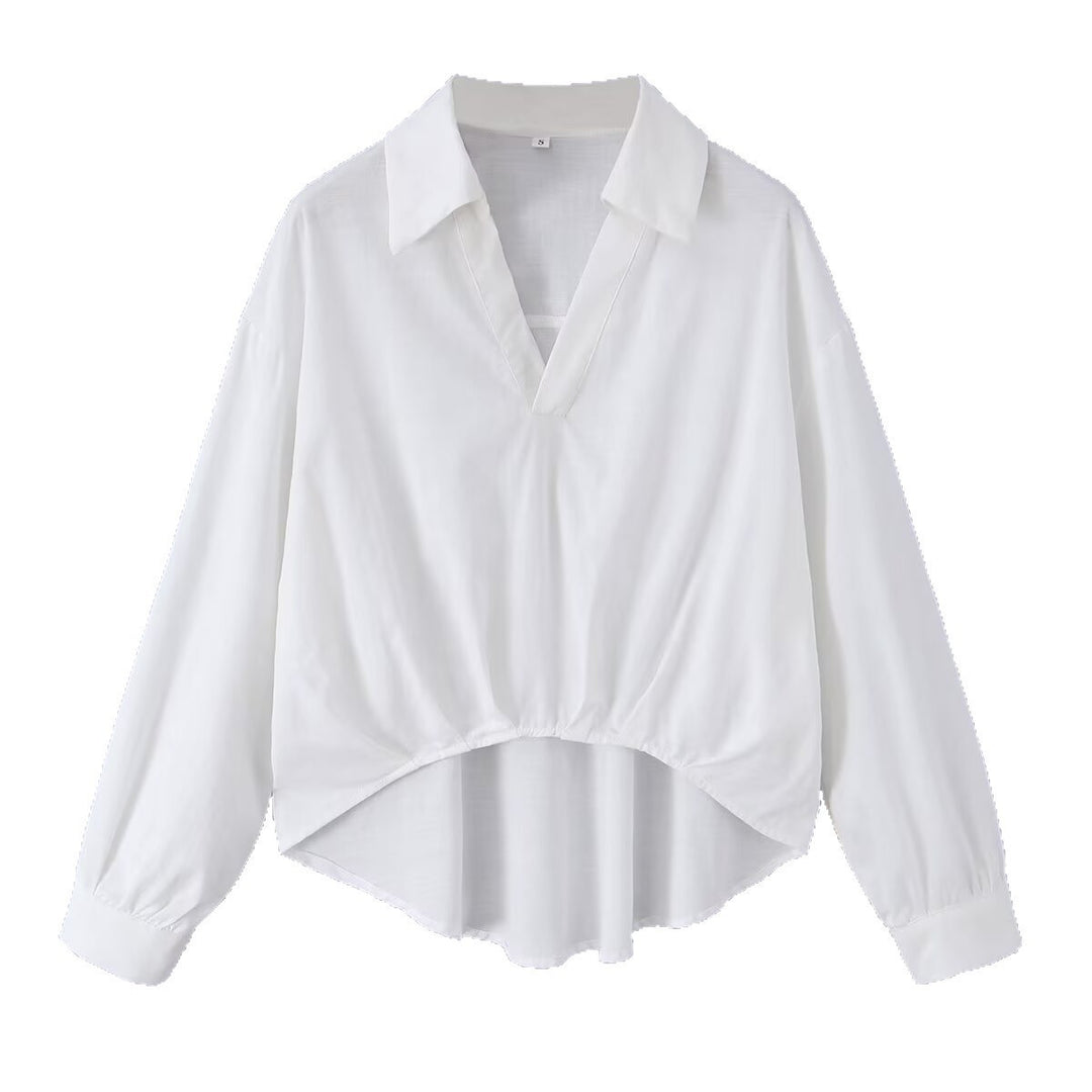 Damen Weite Bluse mit V‑Ausschnitt, Hemdkragen und gerafftem Hoch-Tief-Saum Drune