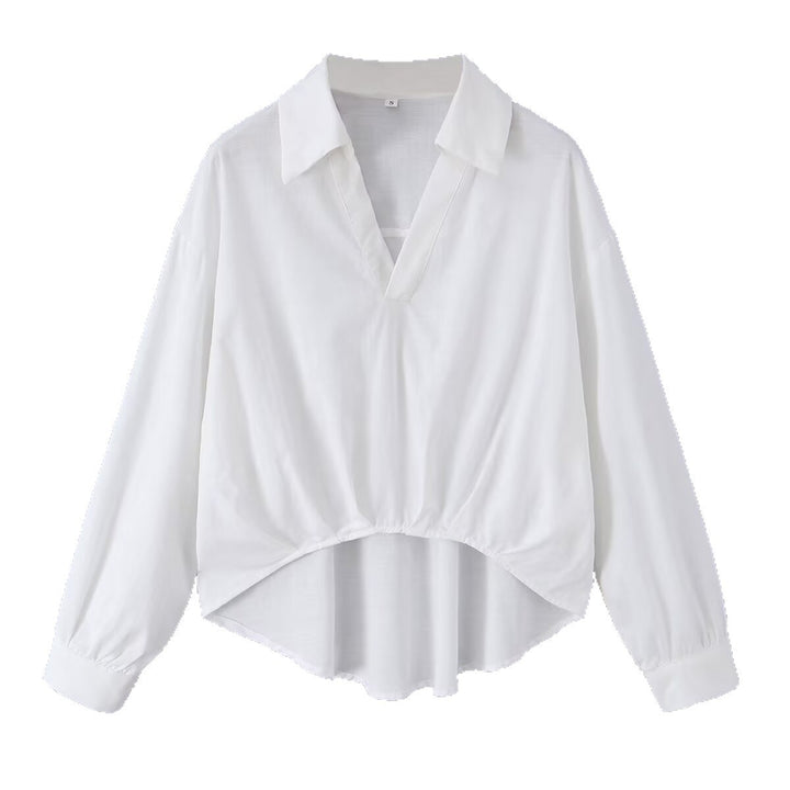 Damen Weite Bluse mit V‑Ausschnitt, Hemdkragen und gerafftem Hoch-Tief-Saum Drune