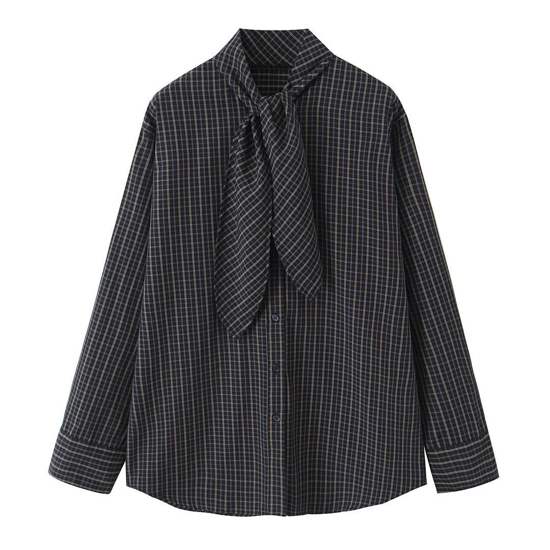 Damen 30+ karierte Hemdbluse mit Schleifenkragen und Oversize‑Passform Drune