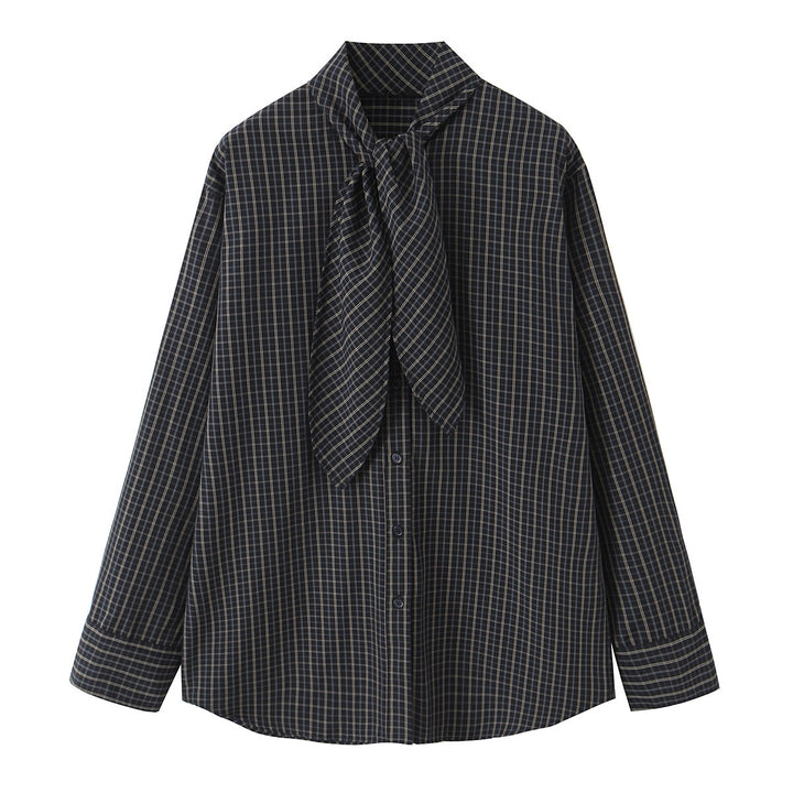 Damen 30+ karierte Hemdbluse mit Schleifenkragen und Oversize‑Passform Drune