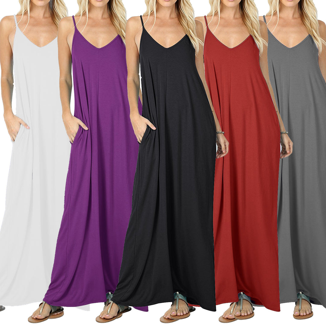 Damen Maxikleid mit verstellbaren Spaghettiträgern und praktischen Taschen Drune