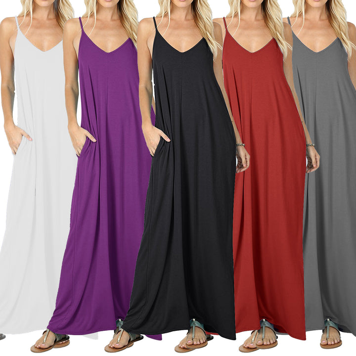 Damen Maxikleid mit verstellbaren Spaghettiträgern und praktischen Taschen Drune