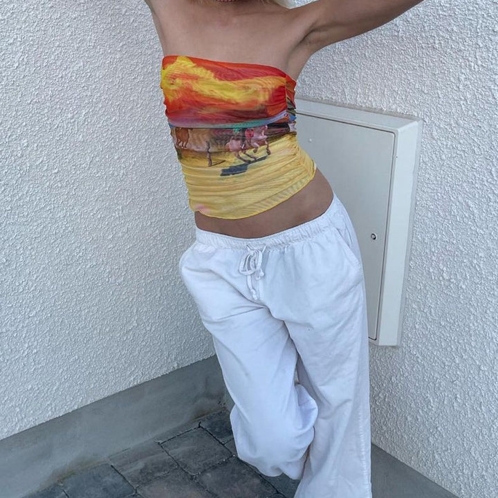 Damen Bandeau-Oberteil mit buntem, künstlerischem Druck und elastischem Material Drune