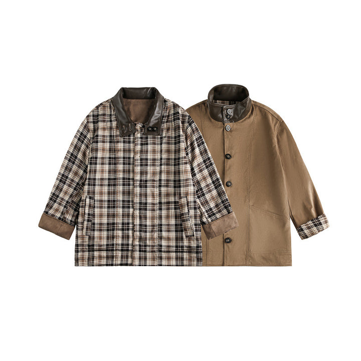 Herren Kurz geschnittener Fieldblouson im Vintage‑Workwear‑Stil mit Lederimitat‑Stehkragen und karierter Innenfütterung Drune