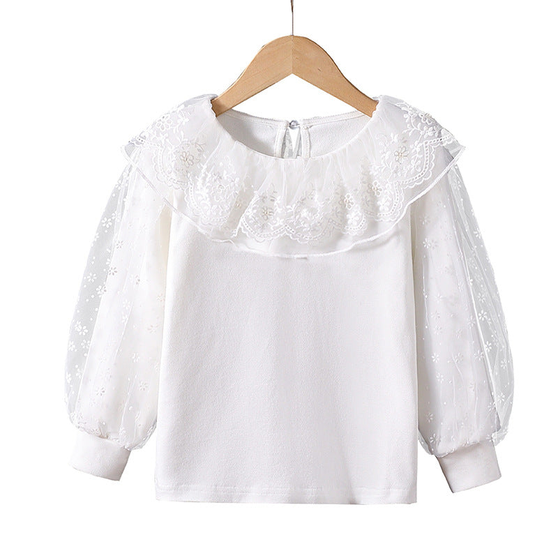 Mädchen Bluse mit floralem Tüllkragen und eleganten Puffärmeln Drune