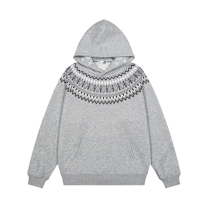 Unisex Oversize Kapuzenpullover mit nordischem Rundpasse-Jacquard, Kängurutasche und Rippbündchen Drune