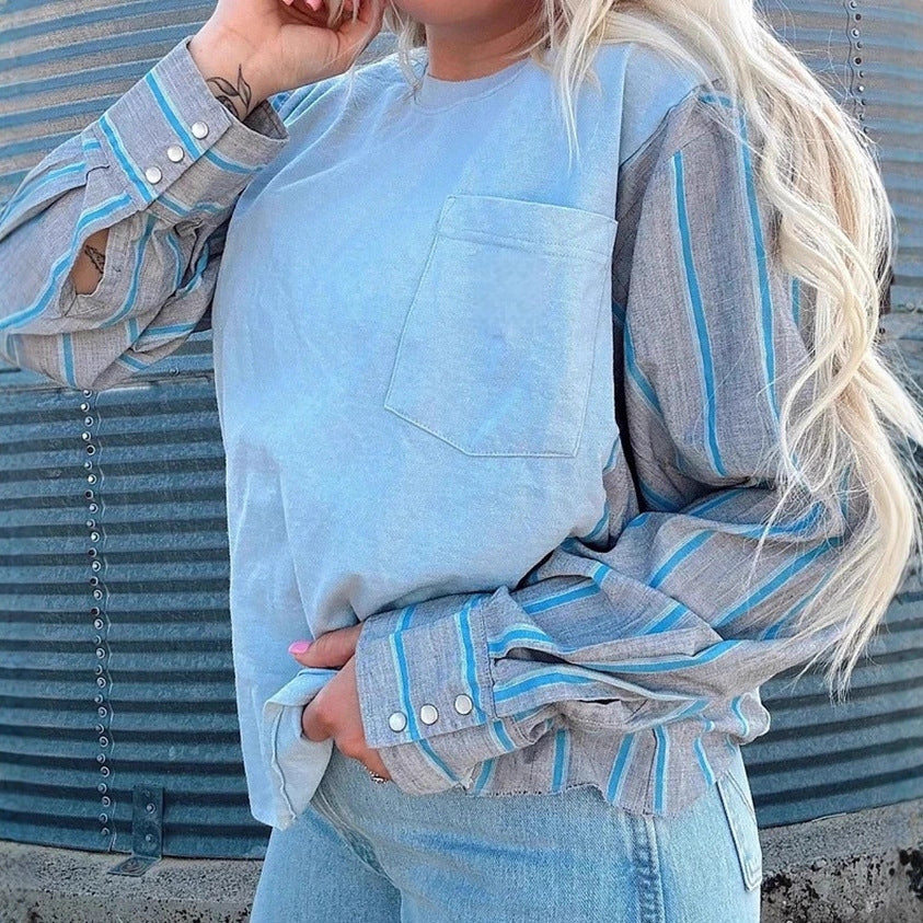 Damen nan Langarmshirt im Lagenlook mit Brusttasche und gestreiften Hemdärmeln Drune