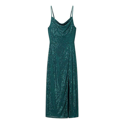 Damen Glamouröses Midikleid mit schimmerndem Stoff und bequemen Spaghettiträgern Drune