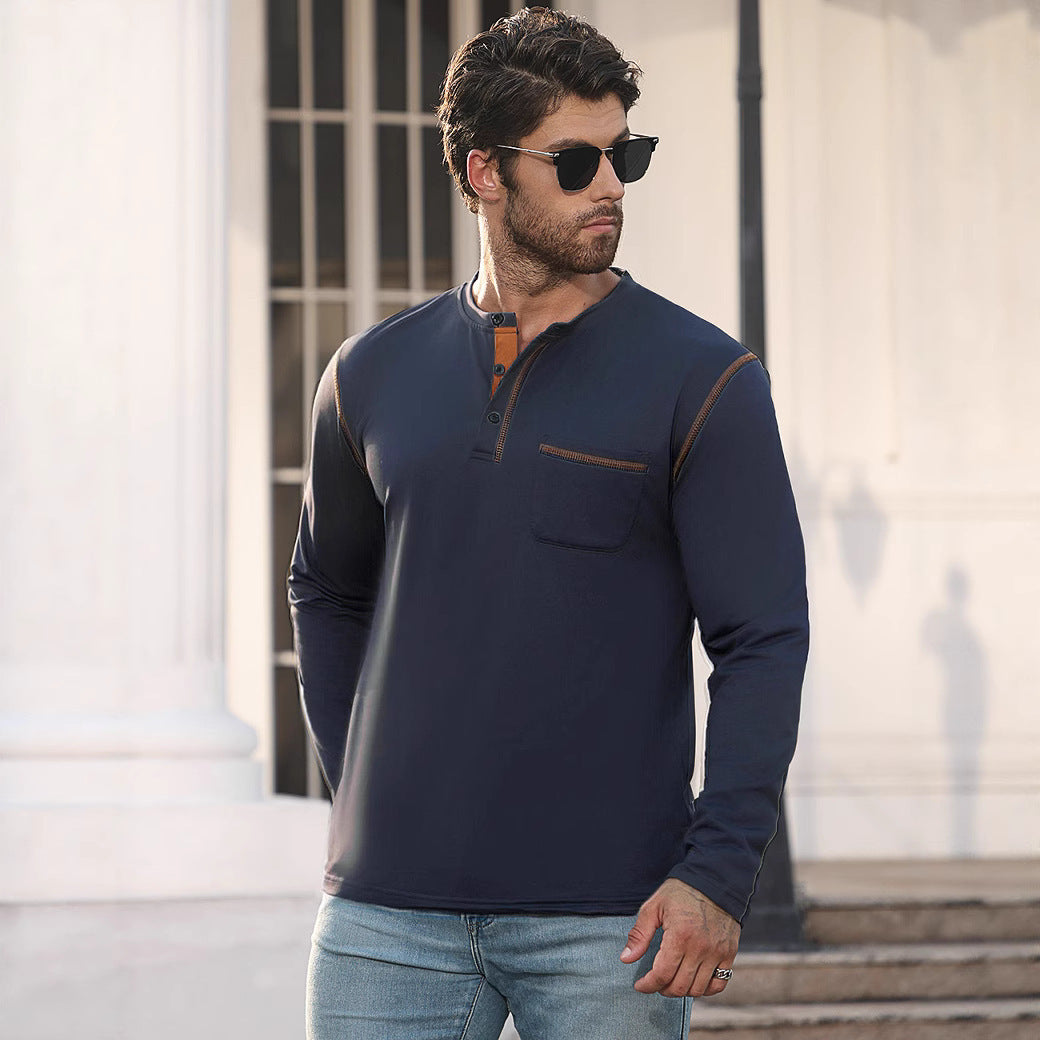 Herren nan Langarmshirt mit kurzer Knopfleiste Brusttasche und kontrastierenden Ziernähten Drune