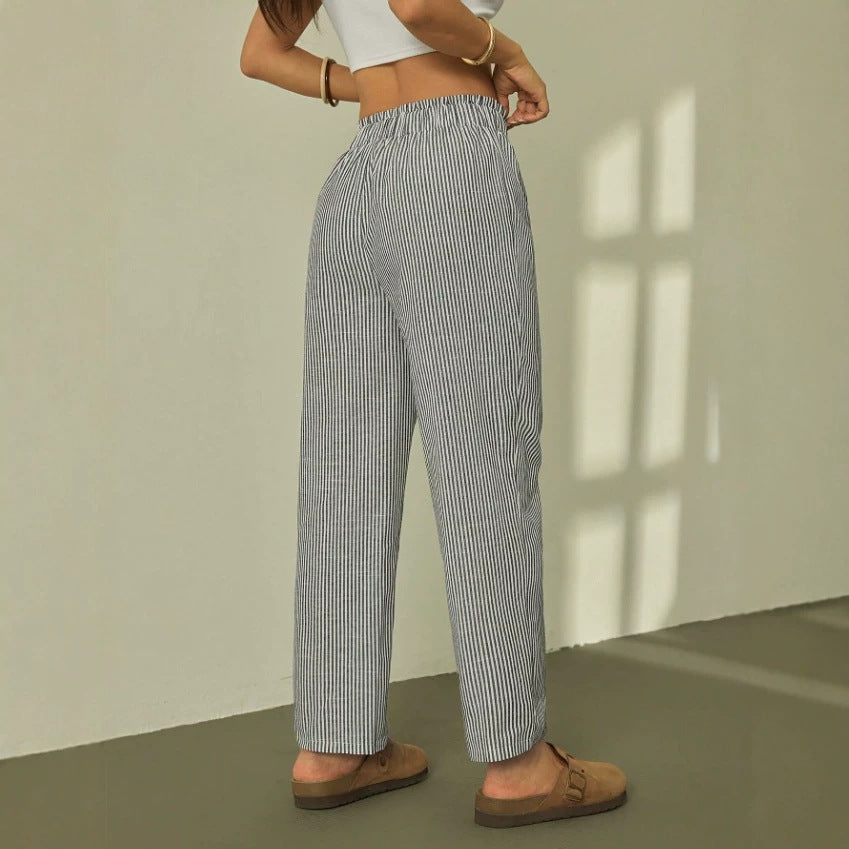 Damen Leinenoptik-Relaxhose mit High-Waist, Kordelzug und Nadelstreifen Drune