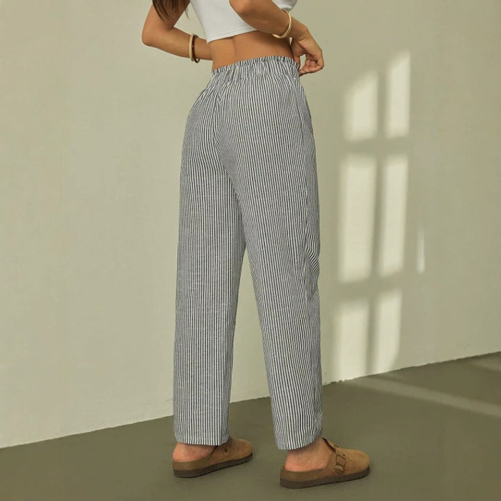 Damen Leinenoptik-Relaxhose mit High-Waist, Kordelzug und Nadelstreifen Drune