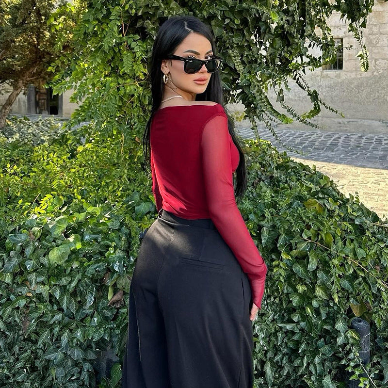 Damen elegantes Wickelshirt mit schulterfreiem Design und transparenten Ärmeln Drune
