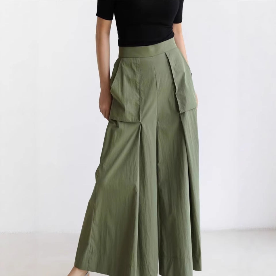 Damen Weite Palazzo-Hose mit hoher Taille, Cargo-Taschen und plisseeartiger Faltenlegung Drune