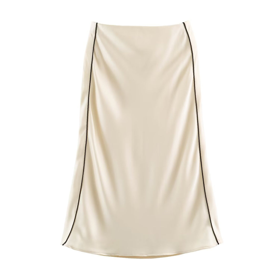Damen Satin-Midirock mit seitlicher Überlappung und Kontrastpaspel Drune