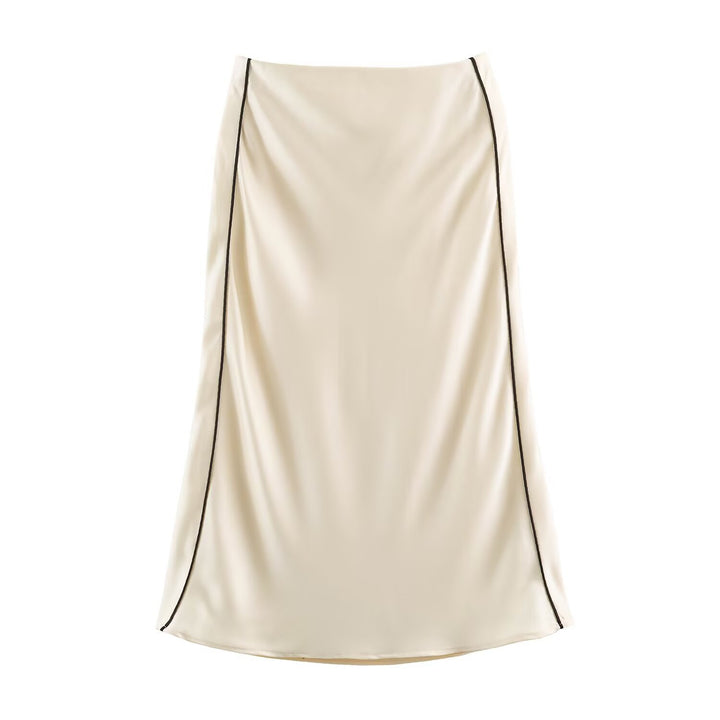 Damen Satin-Midirock mit seitlicher Überlappung und Kontrastpaspel Drune