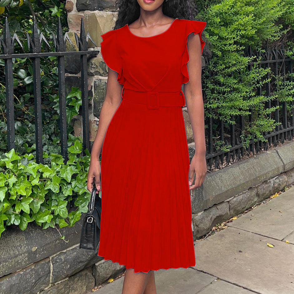 Damen Plissee Kleid mit gefaltetem Rock und Gürtel Drune