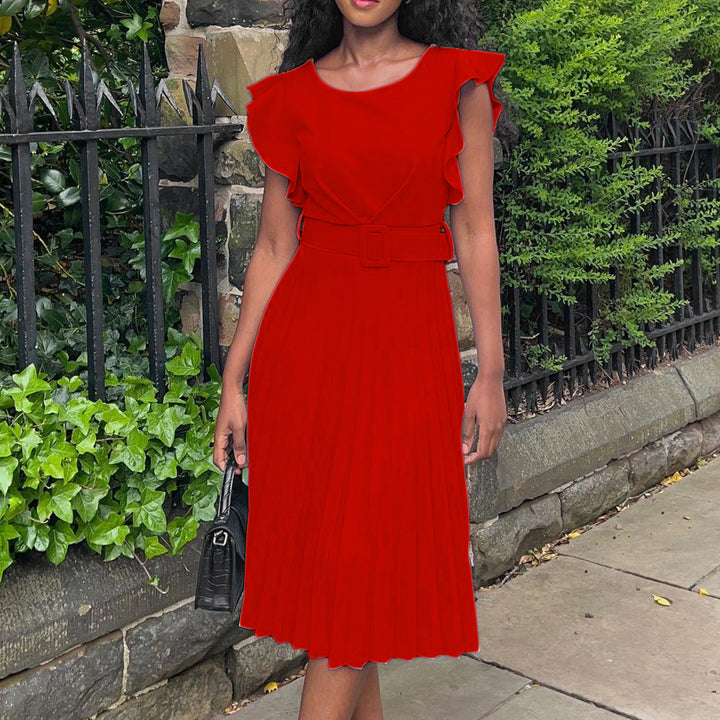 Damen Plissee Kleid mit gefaltetem Rock und Gürtel Drune