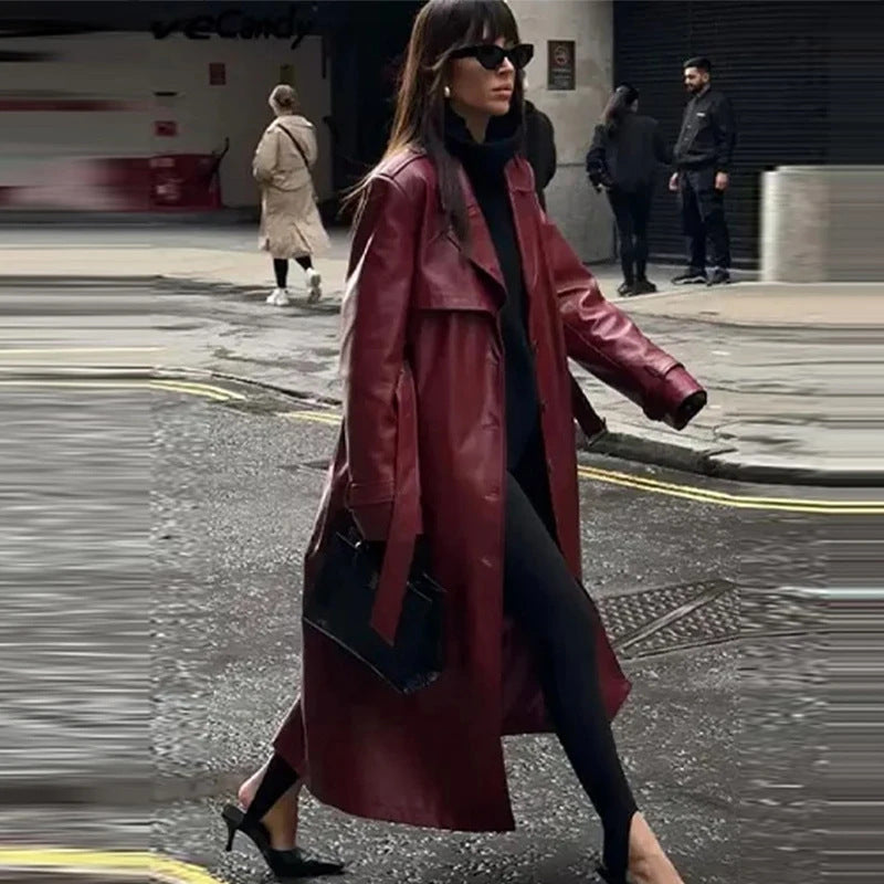 Damen Doppelreihiger Trenchcoat aus Kunstleder mit Gürtel Drune