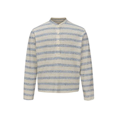Herren Gestreiftes Feinstrick-Henley mit Stehkragen und durchgehender Knopfleiste Drune