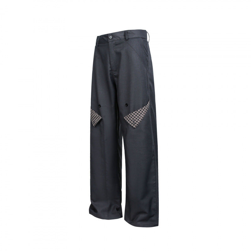 Damen Weite Cargo‑Hose mit Karomuster‑Einsätzen und dekorativen Knopfleisten Drune