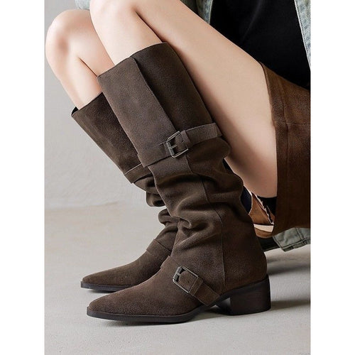 Damen Kniehohe Veloursleder-Slouch-Boots mit spitzer Zehenpartie, verstellbaren Zierschnallen und komfortablem Blockabsatz Drune