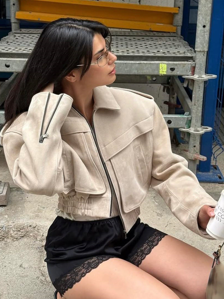 Damen Kurzblouson aus Veloursleder‑Optik mit Oversize‑Schulter und verdecktem Reißverschluss Drune