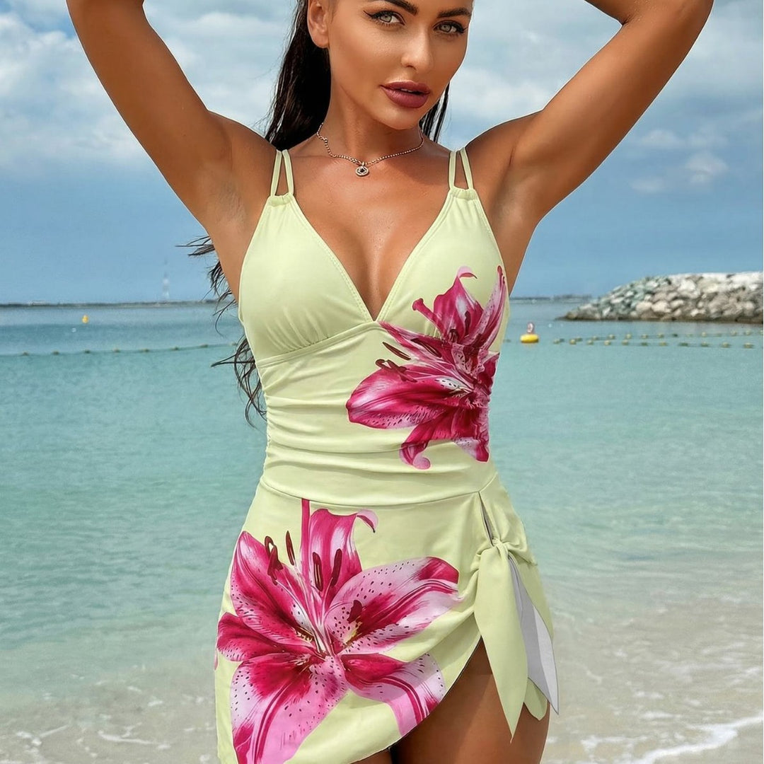 Damen Eleganter Badeanzug mit floralem Design und seitlichem Knoten Drune
