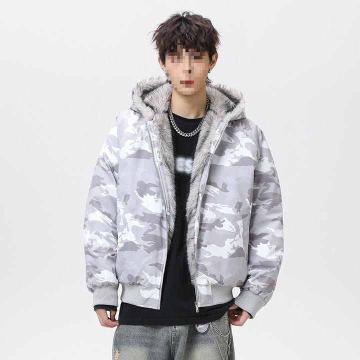 Herren Wattierte Kapuzen‑Bomberjacke im Oversize‑Look mit kontrastierendem Kunstfellfutter Drune