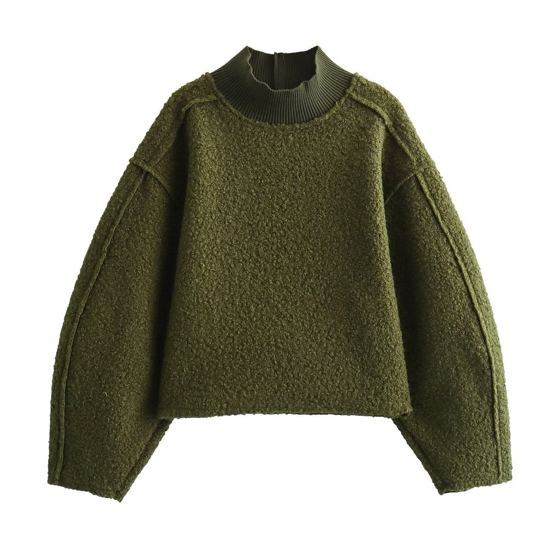 Damen Oversize Cropped Pullover mit Stehkragen und Ballonärmeln Drune