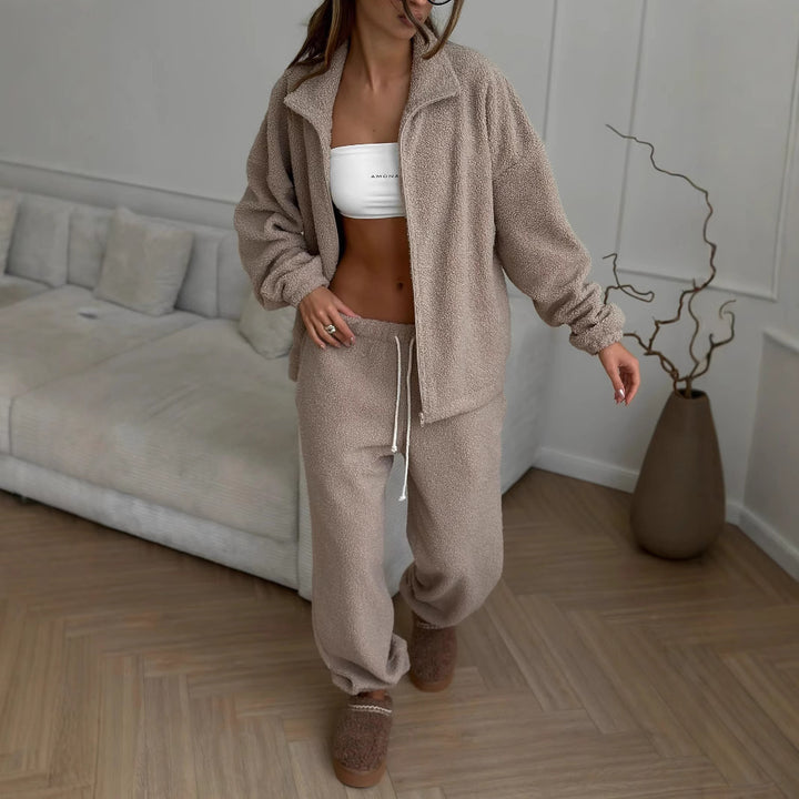 Damen oversized Teddy-Fleece Hausanzug mit Reißverschlussjacke und Jogginghose Drune
