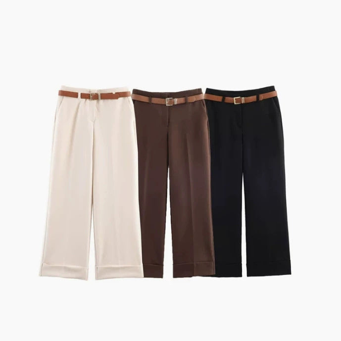 Damen 10+ weite High‑Waist Palazzohose mit Bügelfalte und Aufschlag Drune