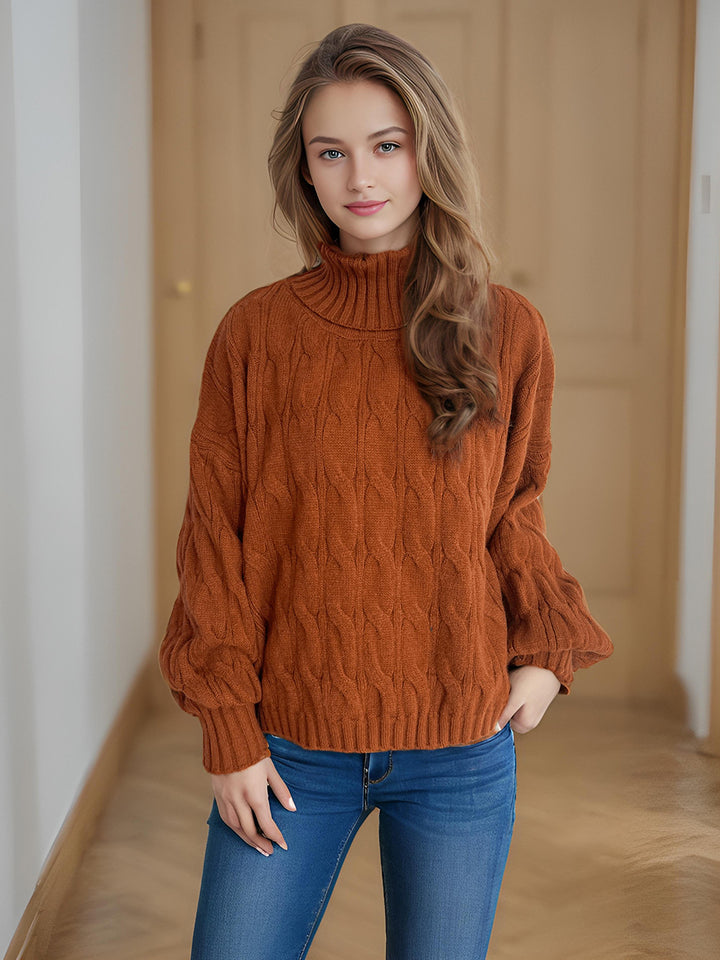Damen Grobstrickpullover mit hohem Kragen und innovativem Zopfmuster Drune